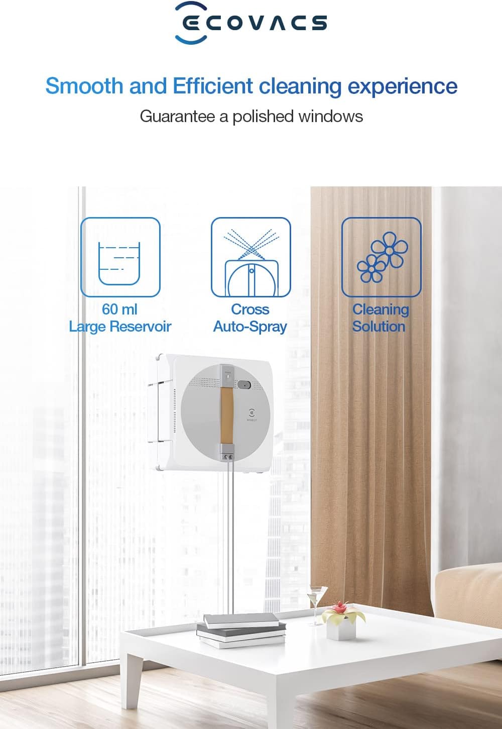 ECOVACS Winbot W1 Pro Windows Robot de curatare a ferestrelor panouri inteligente pentru ferestre Curatand cu Win SLAM 30 tehnologie de pulverizare incrucisata planificare de curatare 2800 PA tehnologie de detectare a marginilor control aplicatie
