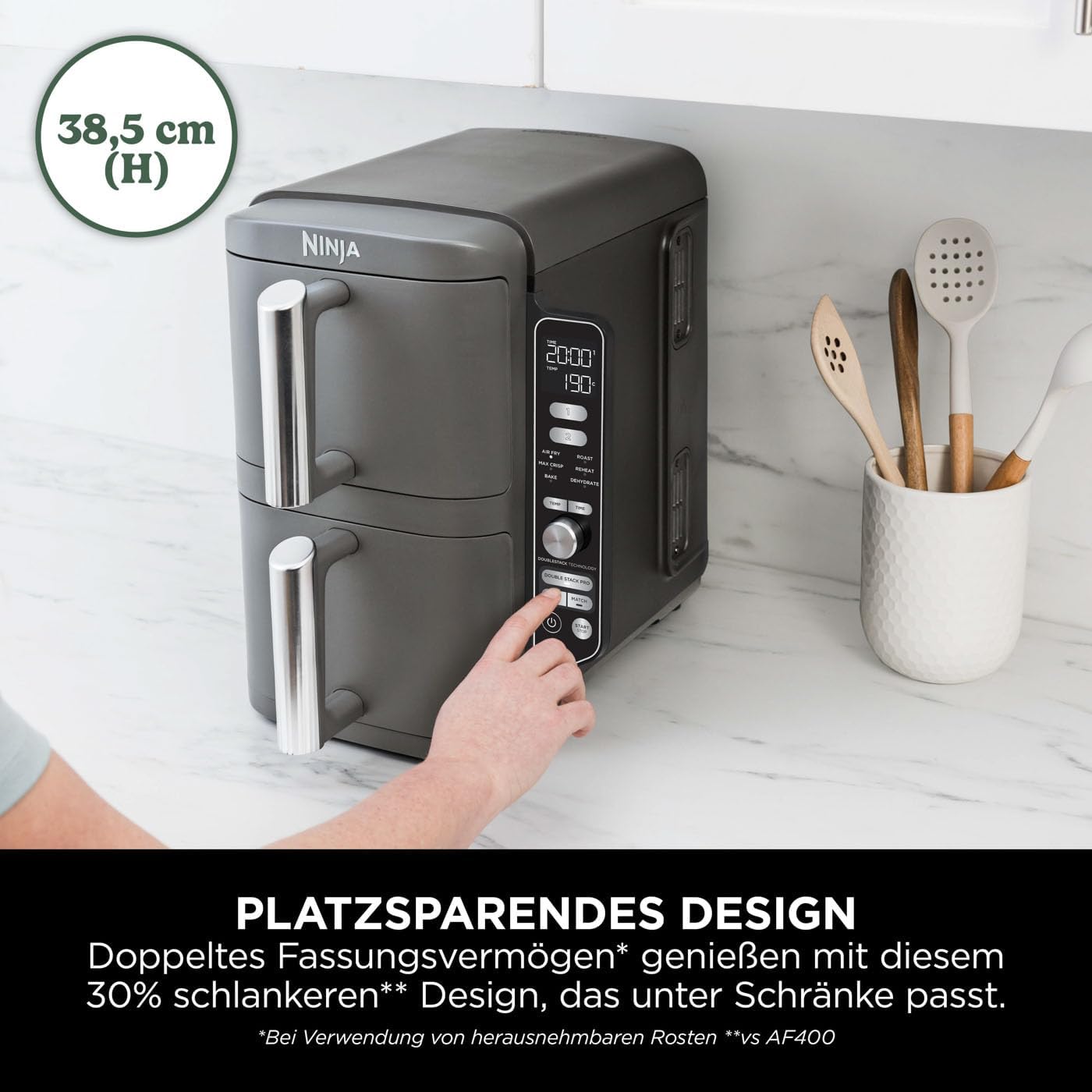 Ninja Double Stack XL Fryer Fryer Hot Fryer 95 L Airfryer Friferie cu aer cald cu doua cosuri cu 4 niveluri de gatit 2 cosuri 2 rafturi design de economisire a spatiului 6 functii de gatit 8 portii gri SL400EU