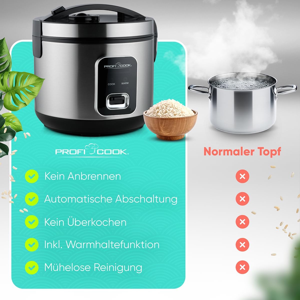 Aragaz de orez Proficook pentru orez de 3 kg  Pregatirea rapida fara ardere  Functie de incalzire  Include masurarea cupei si a lingurii de orez  Calea de orez cu non-stick  Aparat de orez cu abur  PC RK 1285