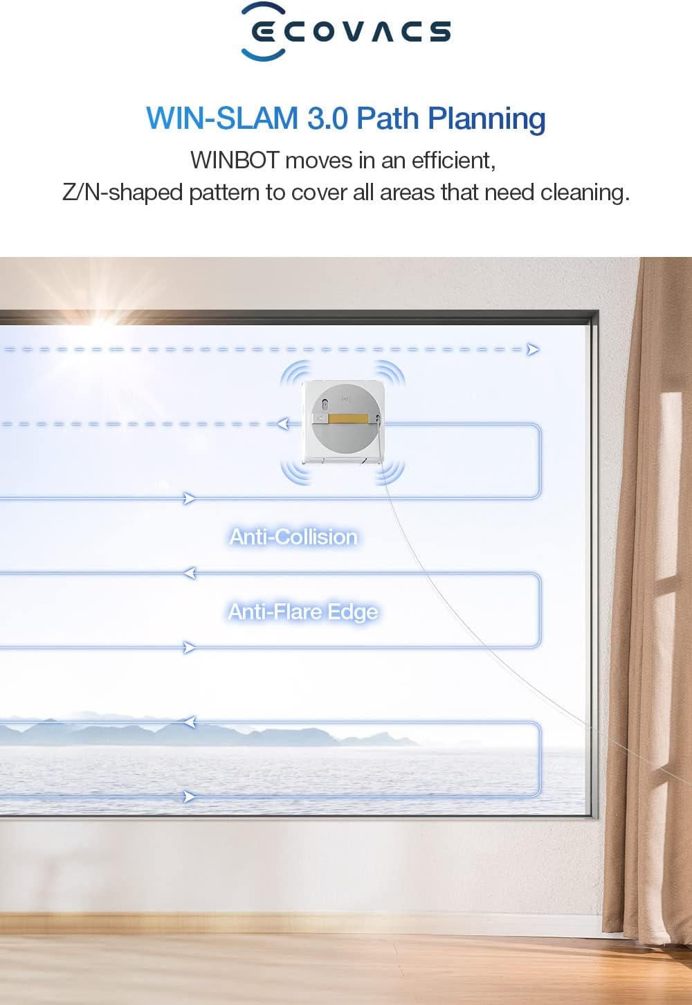 ECOVACS Winbot W1 Pro Windows Robot de curatare a ferestrelor panouri inteligente pentru ferestre Curatand cu Win SLAM 30 tehnologie de pulverizare incrucisata planificare de curatare 2800 PA tehnologie de detectare a marginilor control aplicatie