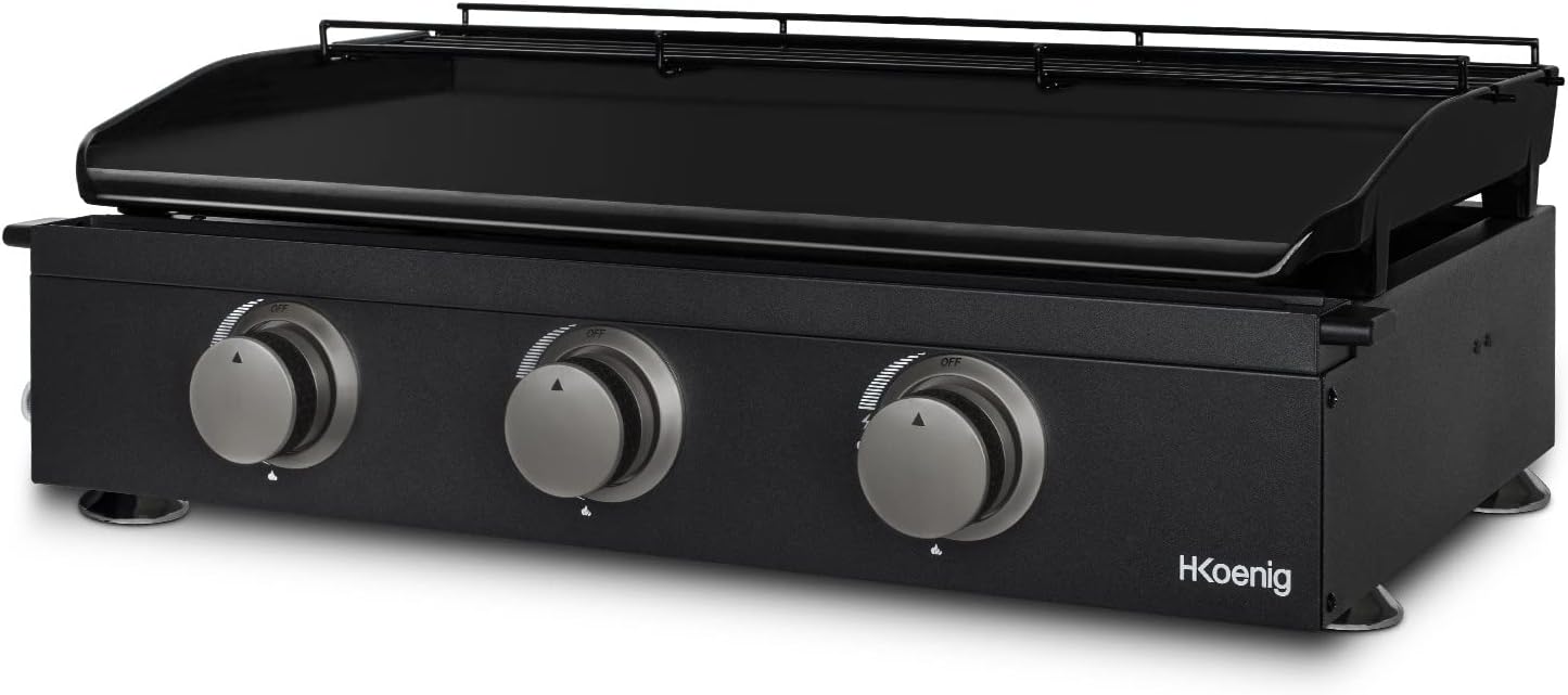 HKOENIG PLANCHA PLX1032 Arzatoare de gaz 3 u arzator otel inoxidabil placa de fonta emailata sursa de alimentare pentru gaz propan sau butan chiar si distributie de caldura temperatura reglabila pana la