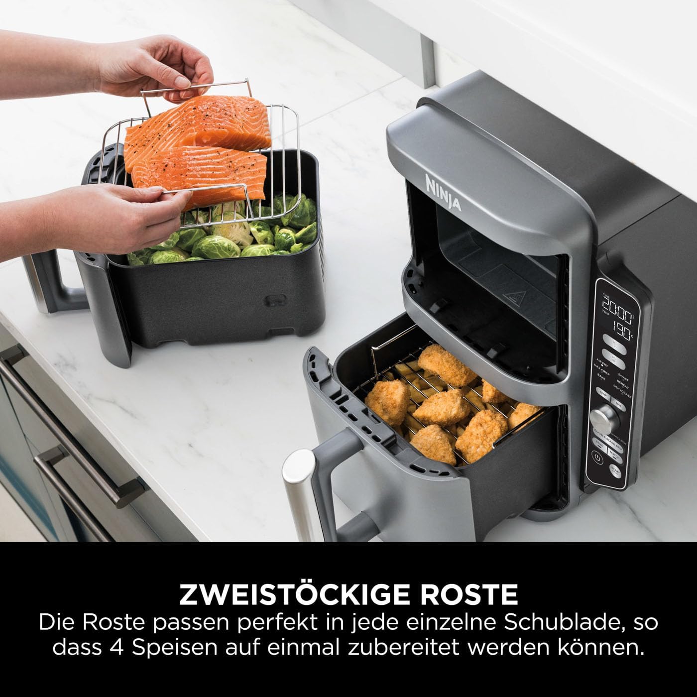 Ninja Double Stack XL Fryer Fryer Hot Fryer 95 L Airfryer Friferie cu aer cald cu doua cosuri cu 4 niveluri de gatit 2 cosuri 2 rafturi design de economisire a spatiului 6 functii de gatit 8 portii gri SL400EU