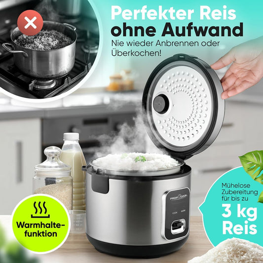 Aragaz de orez Proficook pentru orez de 3 kg  Pregatirea rapida fara ardere  Functie de incalzire  Include masurarea cupei si a lingurii de orez  Calea de orez cu non-stick  Aparat de orez cu abur  PC RK 1285