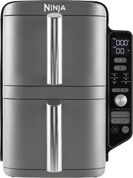 Ninja Double Stack XL Fryer Fryer Hot Fryer 95 L Airfryer Friferie cu aer cald cu doua cosuri cu 4 niveluri de gatit 2 cosuri 2 rafturi design de economisire a spatiului 6 functii de gatit 8 portii gri SL400EU