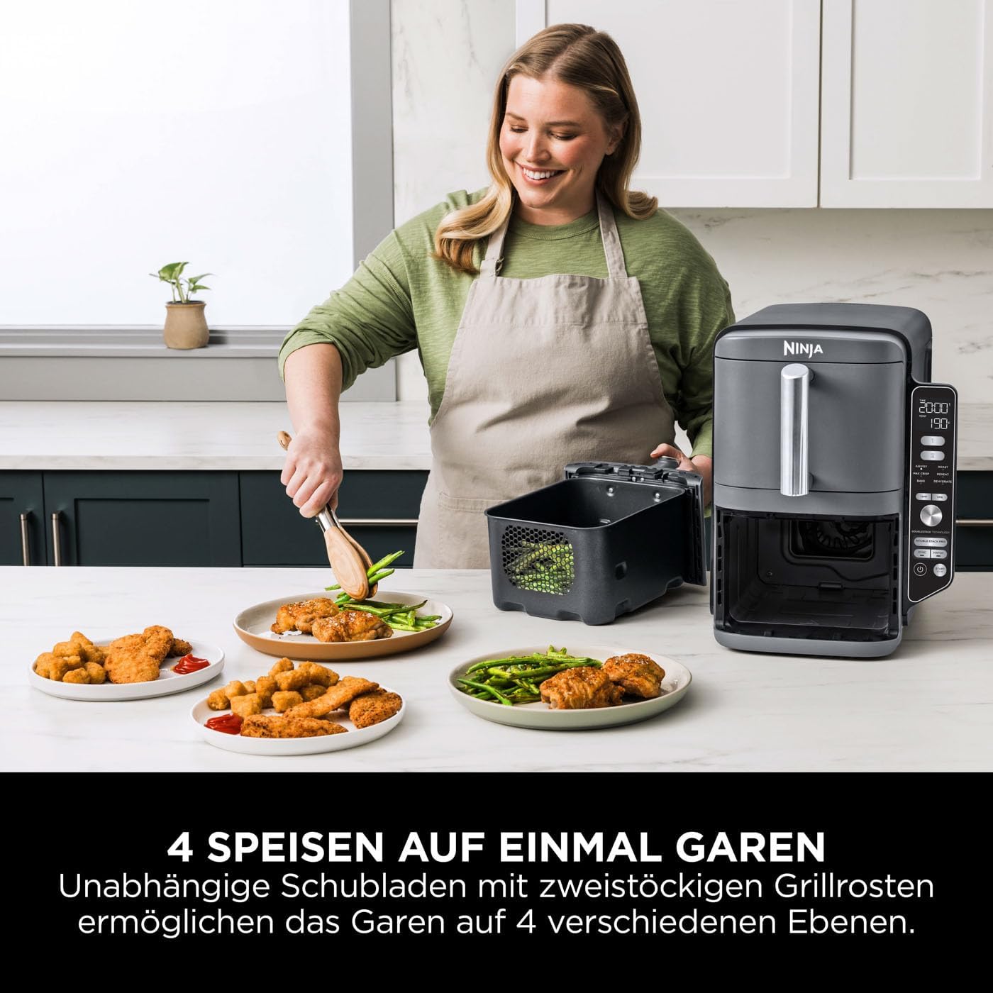 Ninja Double Stack XL Fryer Fryer Hot Fryer 95 L Airfryer Friferie cu aer cald cu doua cosuri cu 4 niveluri de gatit 2 cosuri 2 rafturi design de economisire a spatiului 6 functii de gatit 8 portii gri SL400EU