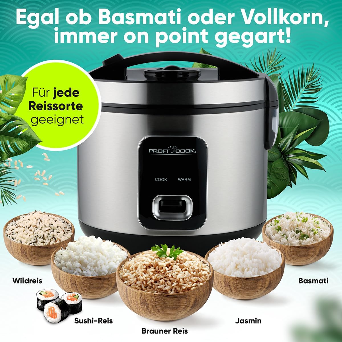 Aragaz de orez Proficook pentru orez de 3 kg  Pregatirea rapida fara ardere  Functie de incalzire  Include masurarea cupei si a lingurii de orez  Calea de orez cu non-stick  Aparat de orez cu abur  PC RK 1285