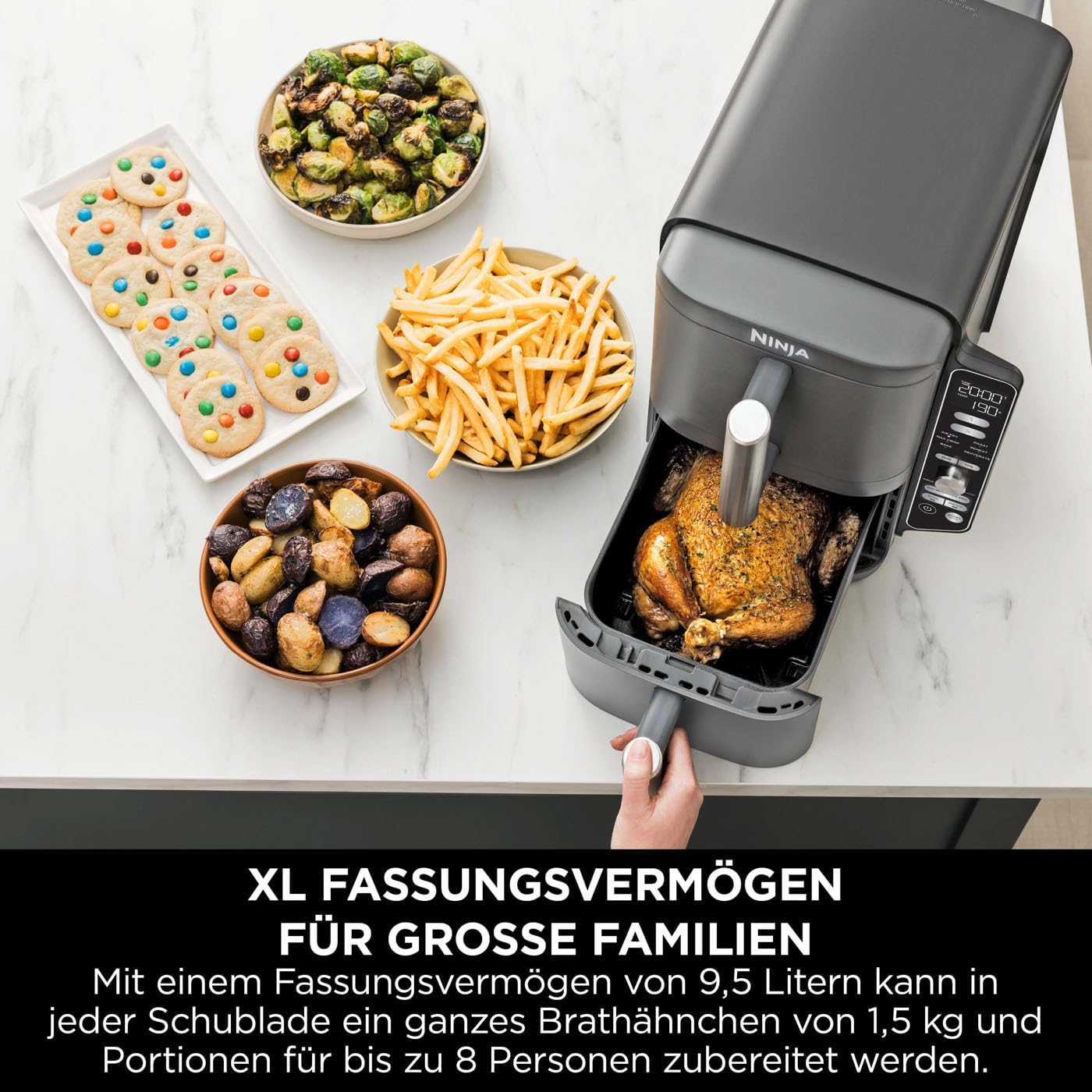 Ninja Double Stack XL Fryer Fryer Hot Fryer 95 L Airfryer Friferie cu aer cald cu doua cosuri cu 4 niveluri de gatit 2 cosuri 2 rafturi design de economisire a spatiului 6 functii de gatit 8 portii gri SL400EU