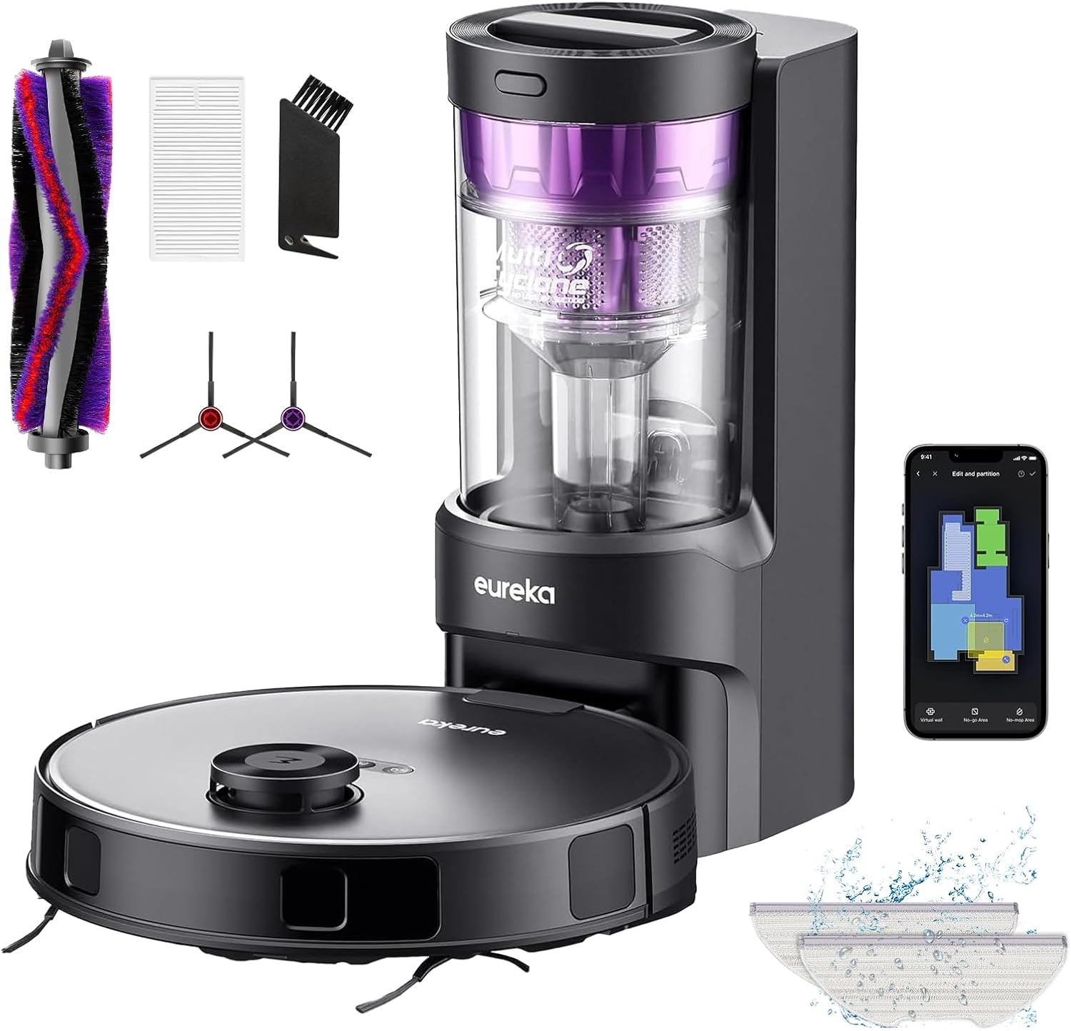Eureka E10S de Viduum  Mop Robot  Statie de aspiratie multi-ciclona fara geanta 4000PA detectare a covoarelor auto si ridicare a mop-ului auto navigare lidar ideal impotriva parului pentru animale de companie a aplicatiei si a controlului vocal Negru