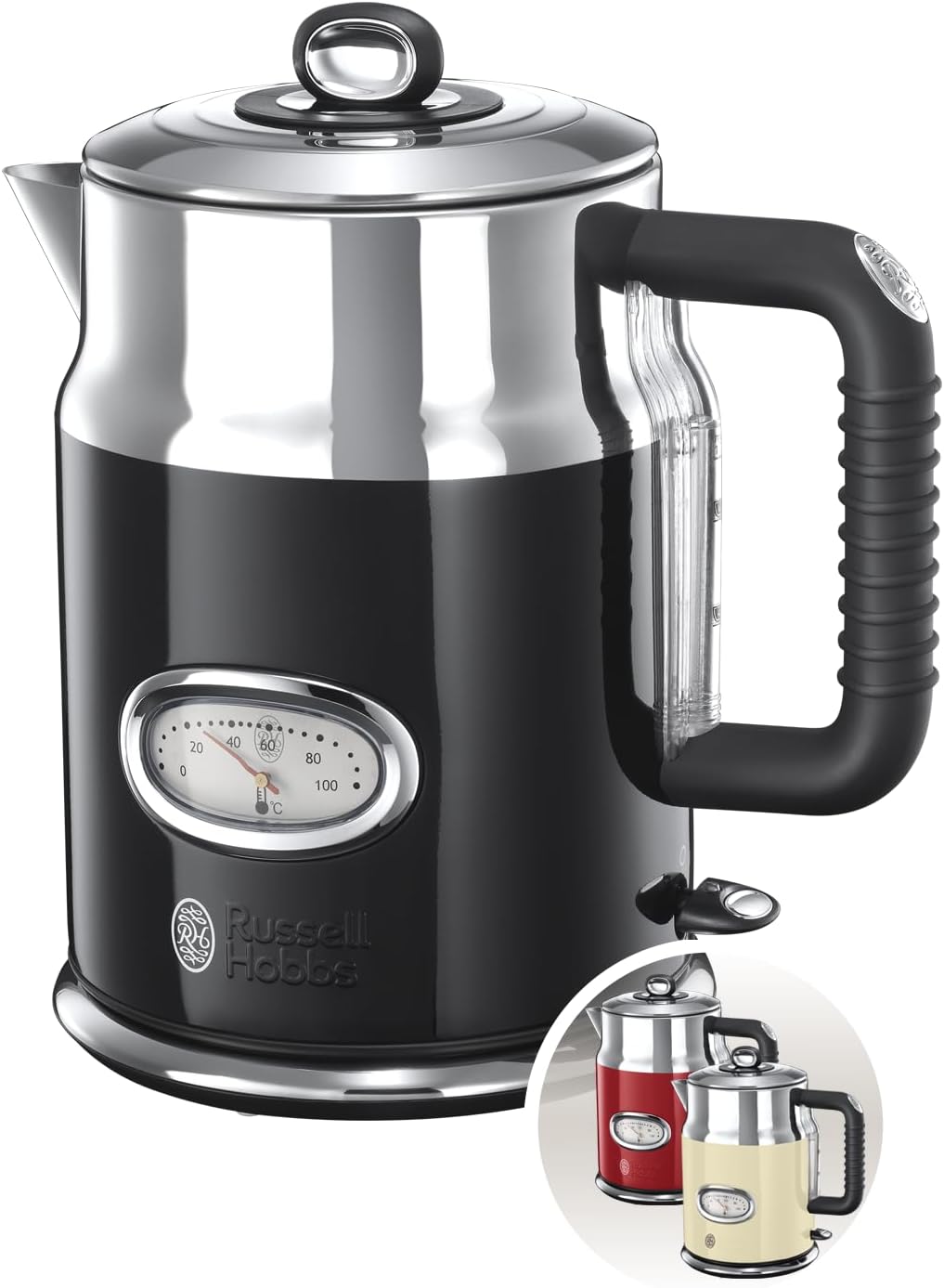 Russell Hobbs Kettle 17L 2400W Otel inoxidabil negru si lustruit functie rapida de gatit afisare a temperaturii apei in retrodesign afisare externa la nivel de apa Vintage Ceai Cooker 21671-70