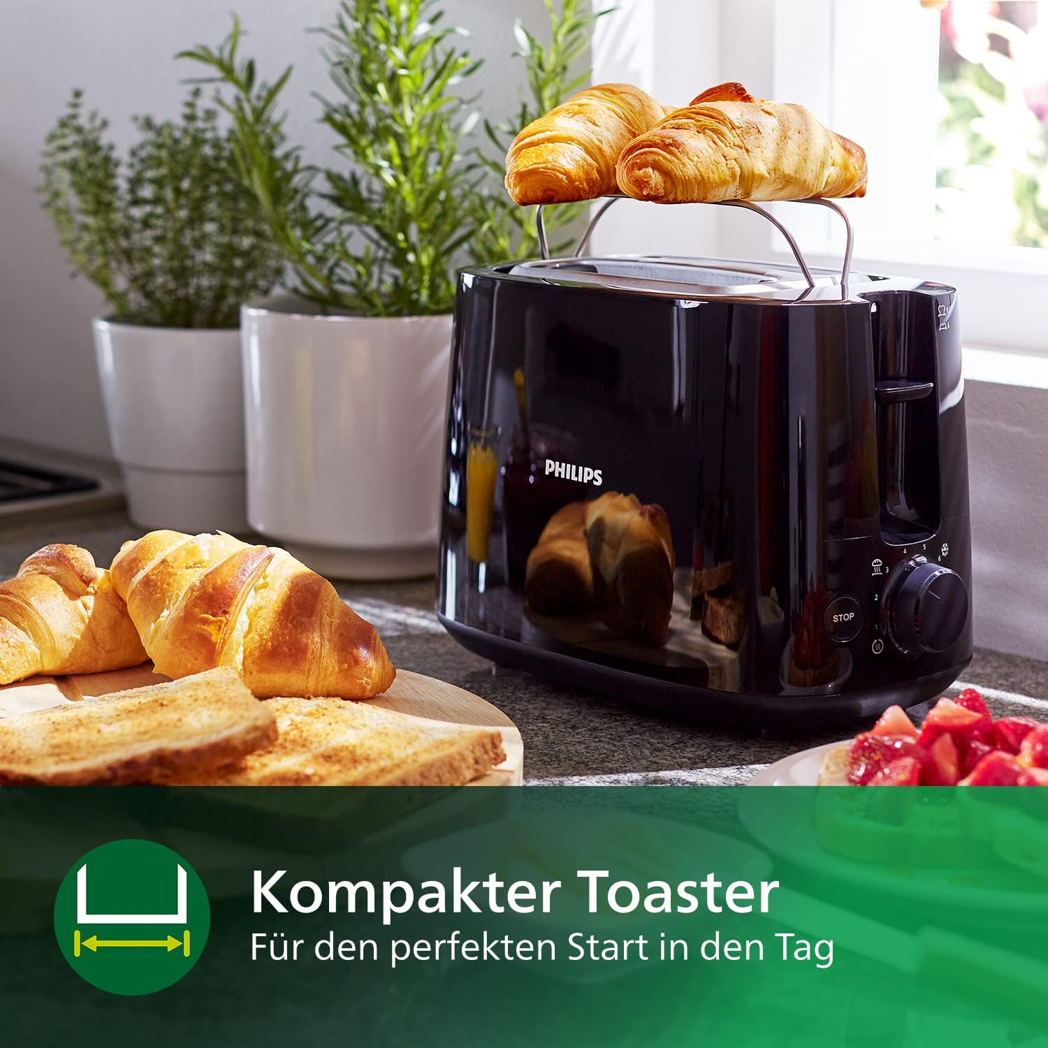 Philips toaster - 2 sloturi de paine prajita 8 pasi atasare de rulouri de paine functie de deschidere functie de ridicare comutator automat -OFF negru HD258190