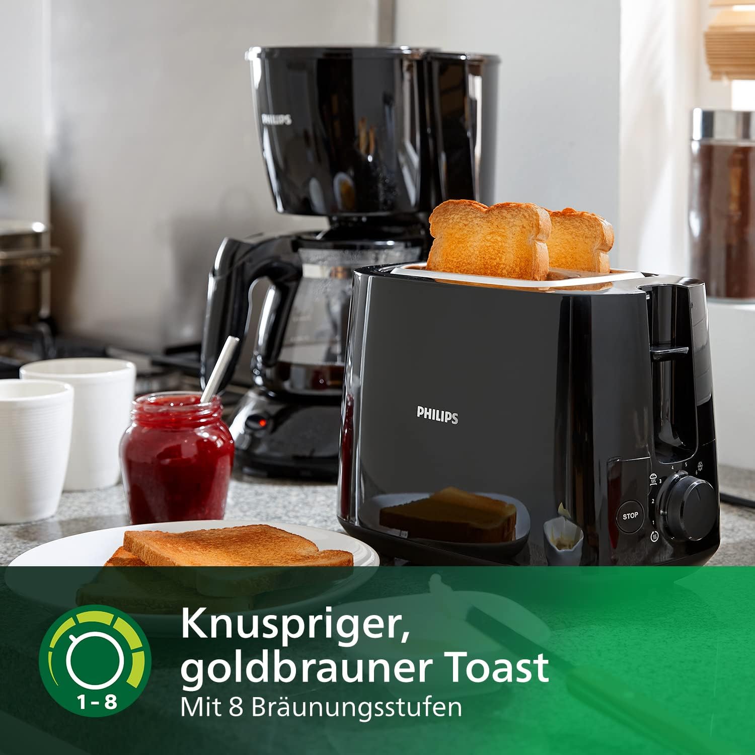 Philips toaster - 2 sloturi de paine prajita 8 pasi atasare de rulouri de paine functie de deschidere functie de ridicare comutator automat -OFF negru HD258190