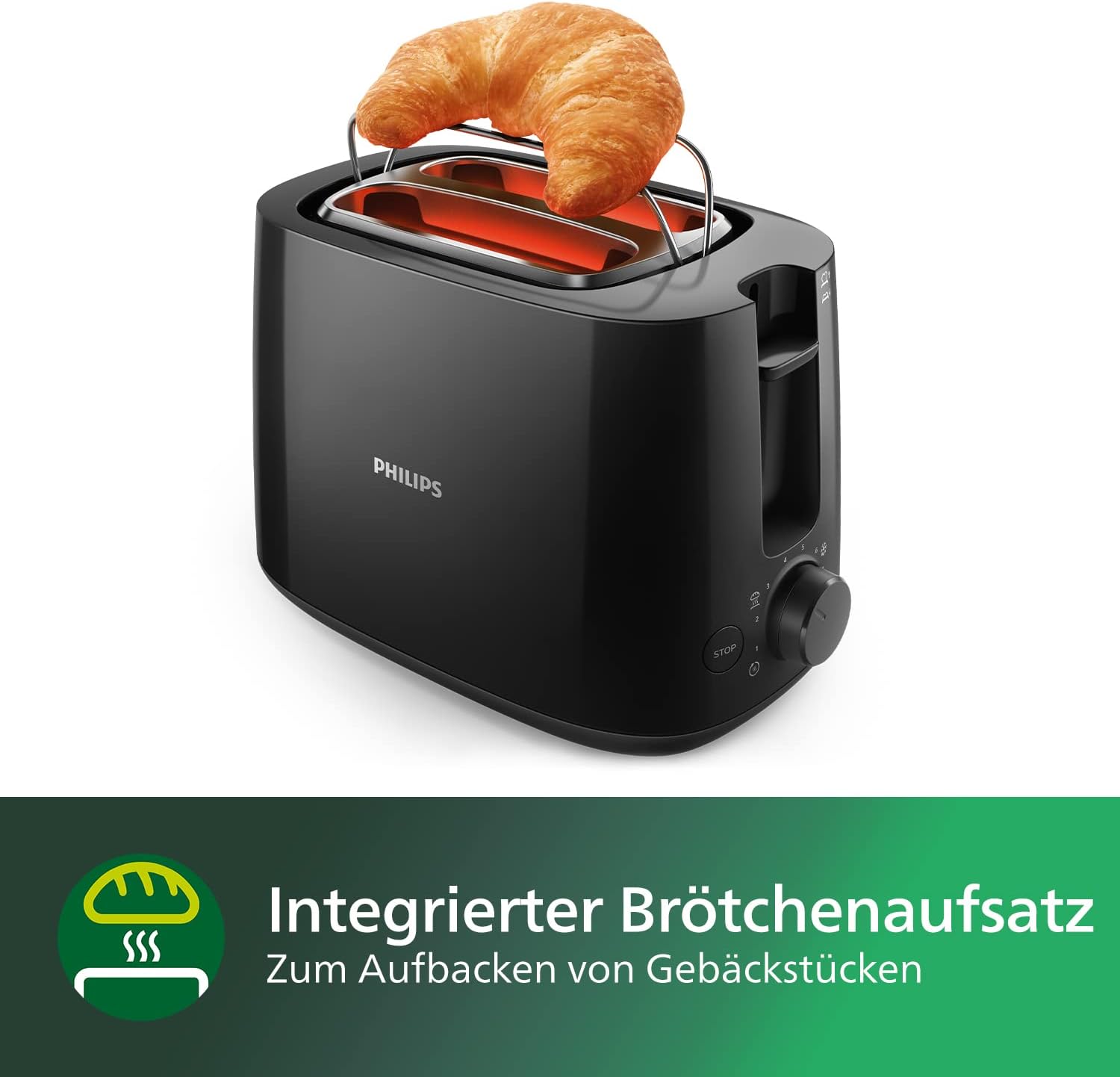 Philips toaster - 2 sloturi de paine prajita 8 pasi atasare de rulouri de paine functie de deschidere functie de ridicare comutator automat -OFF negru HD258190