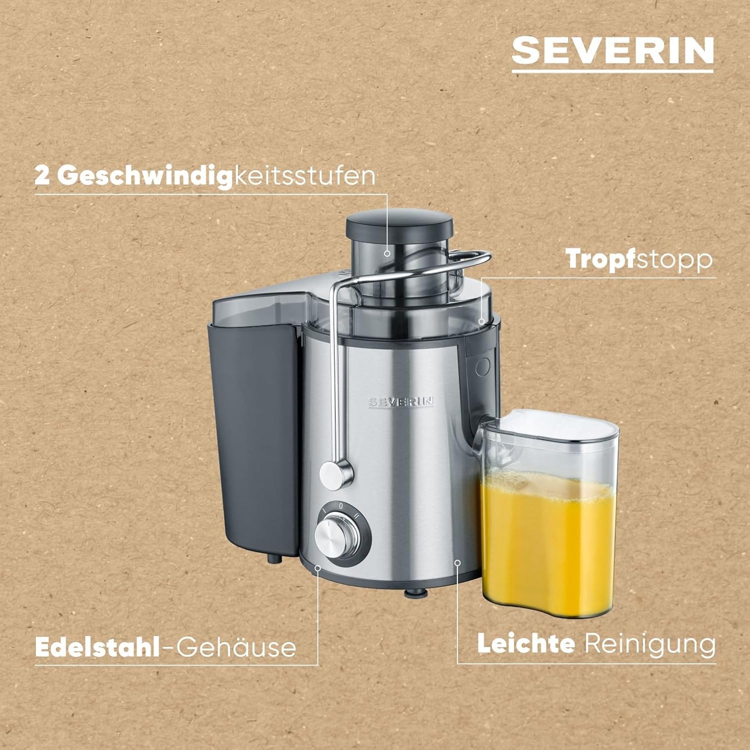 Juicer severin masina cu suc cu zgomot redus pentru sucuri de fructe si legume bogate in vitamine presa de suc electric din otel inoxidabil recipient de colectare de 500 ml otel negruinoxidabil ES 3566