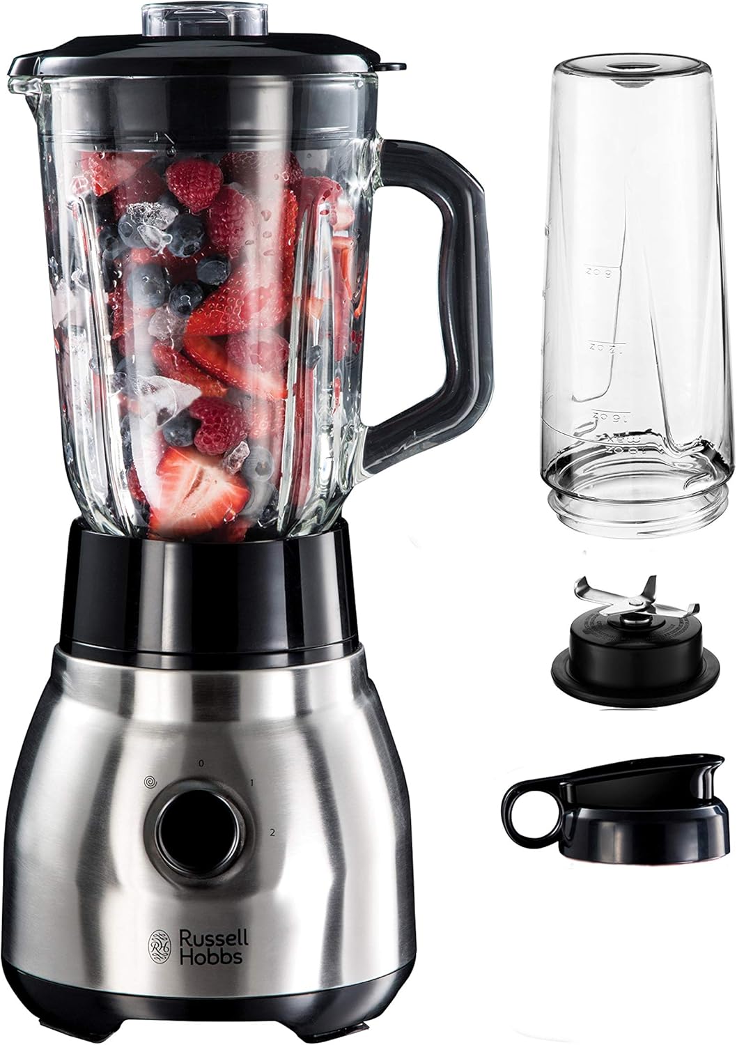 Russell Hobbs Standmixer 2-in-1 15L MIXER de recipient din sticla si 06L Mini Smoothie Maker-Sticla de baut pentru a-si face acoperire Functie de aparare a masinii de spalat vase ImpulseIce-Crush Cup BPA Free Otel inoxidabil 23821-56