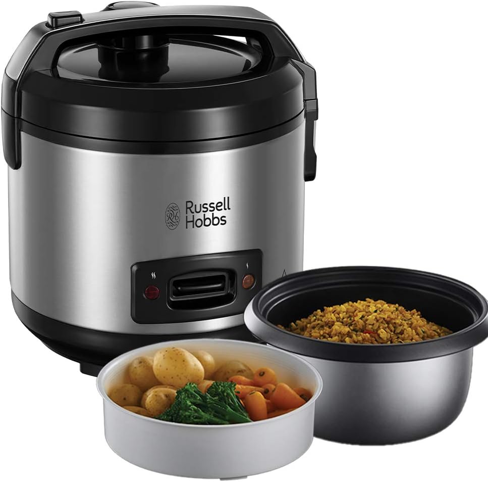 Russell Hobbs Reiskocher 12L incl Introducere aragaz cu aburi cu capac de pliere aroma functie de incalzire oala de gradina antipica lingura de orez si ceasca de masurare otel inoxidabil 27080-56