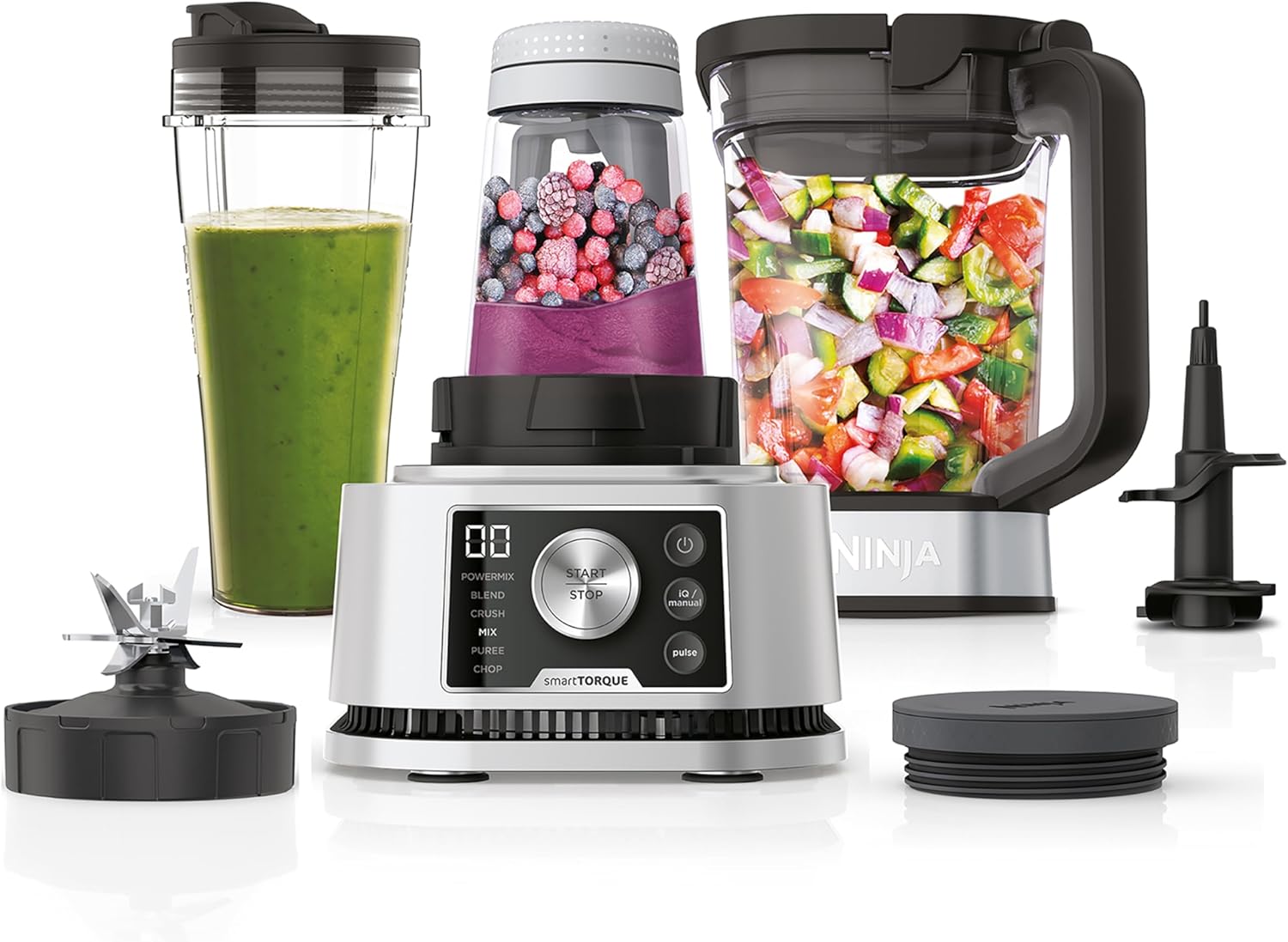 Ninja Foodi Power Nutri Blender 3-in-1 amestecati boluri de smoothie spread-uri groase si bauturi congelate programe automate 21L CAN 700 ml Cup si 400 ml cu paleta de putere 1200W argint CB350EU