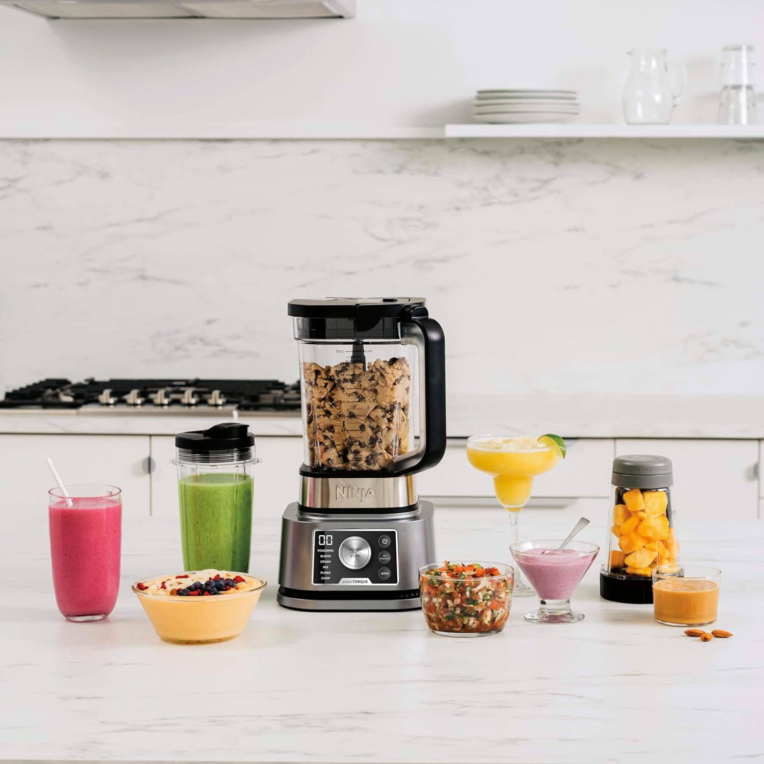 Ninja Foodi Power Nutri Blender 3-in-1 amestecati boluri de smoothie spread-uri groase si bauturi congelate programe automate 21L CAN 700 ml Cup si 400 ml cu paleta de putere 1200W argint CB350EU