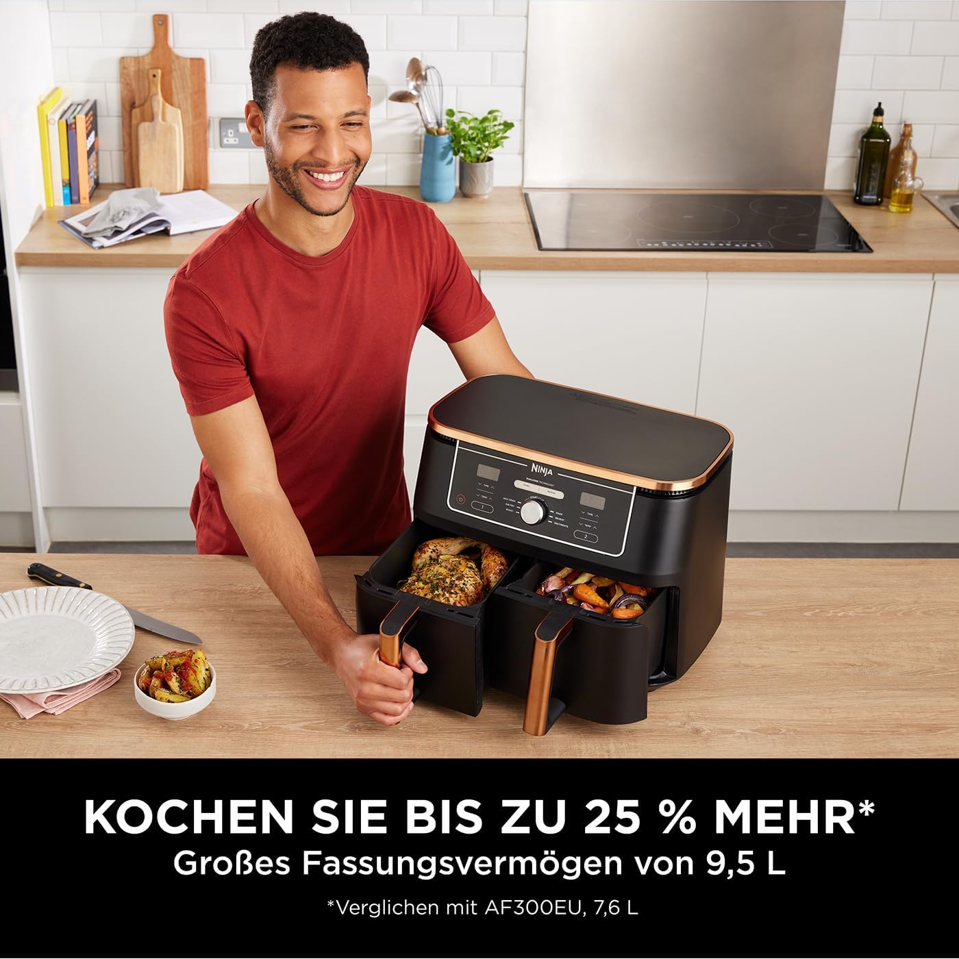 Ninja Foodi Max Zone Dual Fryer Hot Air 95L Airfryer 2 compartimente cu cleste acoperire antiaderenta cos rezistent la masina de spalat vase 6-in-1 Amazon exclusiv cuprunegru AF400EUCP