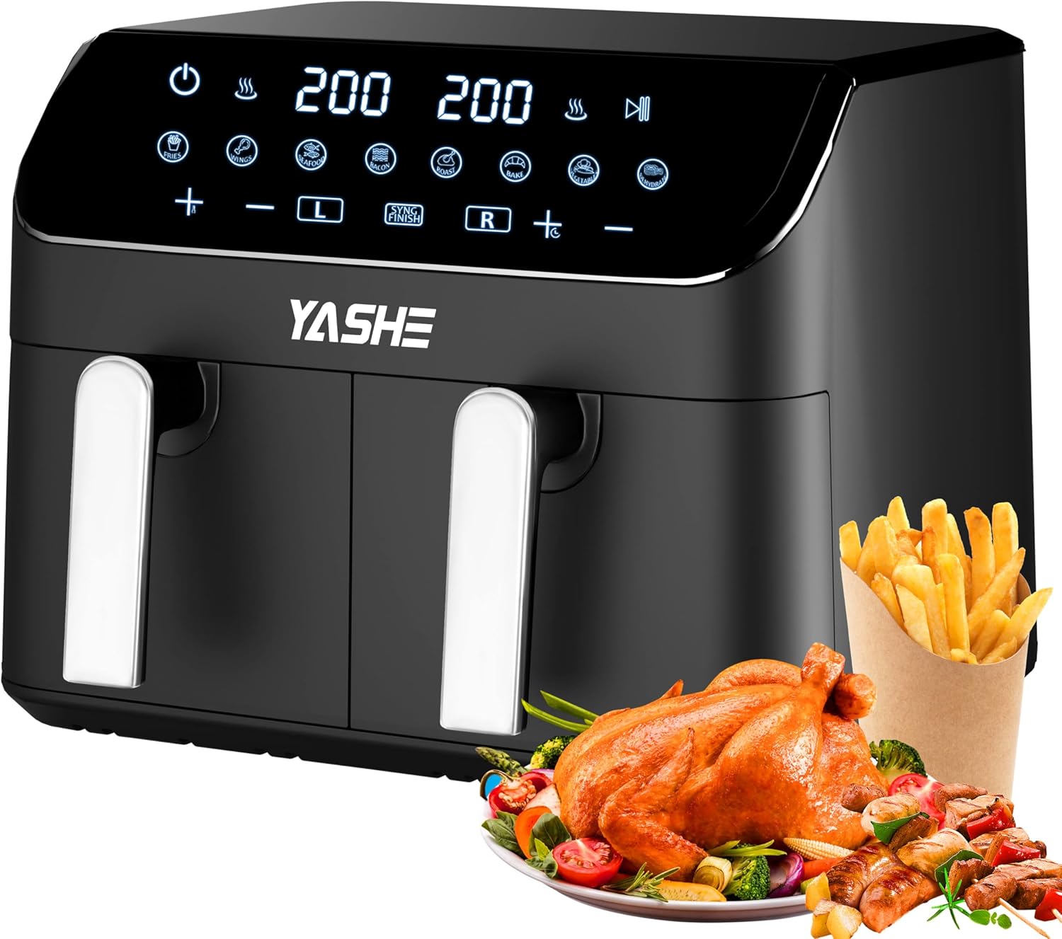Friteu cu aer cald Yashhe Dual Zone 9L XL Capacitate dubla Air-Air cu control digital 8-in-1 Specificatii de gatit cu ecran tactil cu aer cald sanatos fara ulei si prajitura cu continut de gatit cu continut ridicat de grasimi