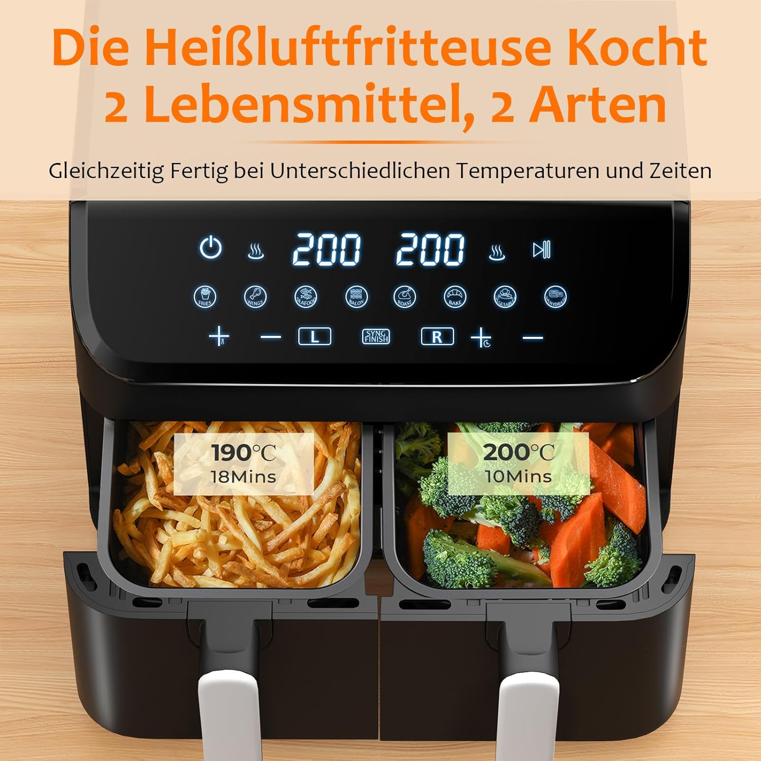 Friteu cu aer cald Yashhe Dual Zone 9L XL Capacitate dubla Air-Air cu control digital 8-in-1 Specificatii de gatit cu ecran tactil cu aer cald sanatos fara ulei si prajitura cu continut de gatit cu continut ridicat de grasimi