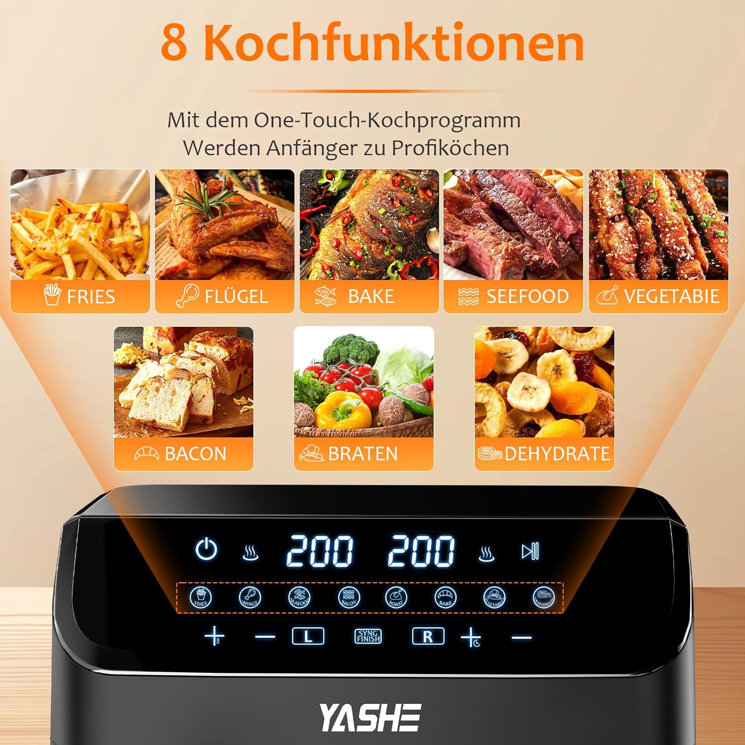 Friteu cu aer cald Yashhe Dual Zone 9L XL Capacitate dubla Air-Air cu control digital 8-in-1 Specificatii de gatit cu ecran tactil cu aer cald sanatos fara ulei si prajitura cu continut de gatit cu continut ridicat de grasimi