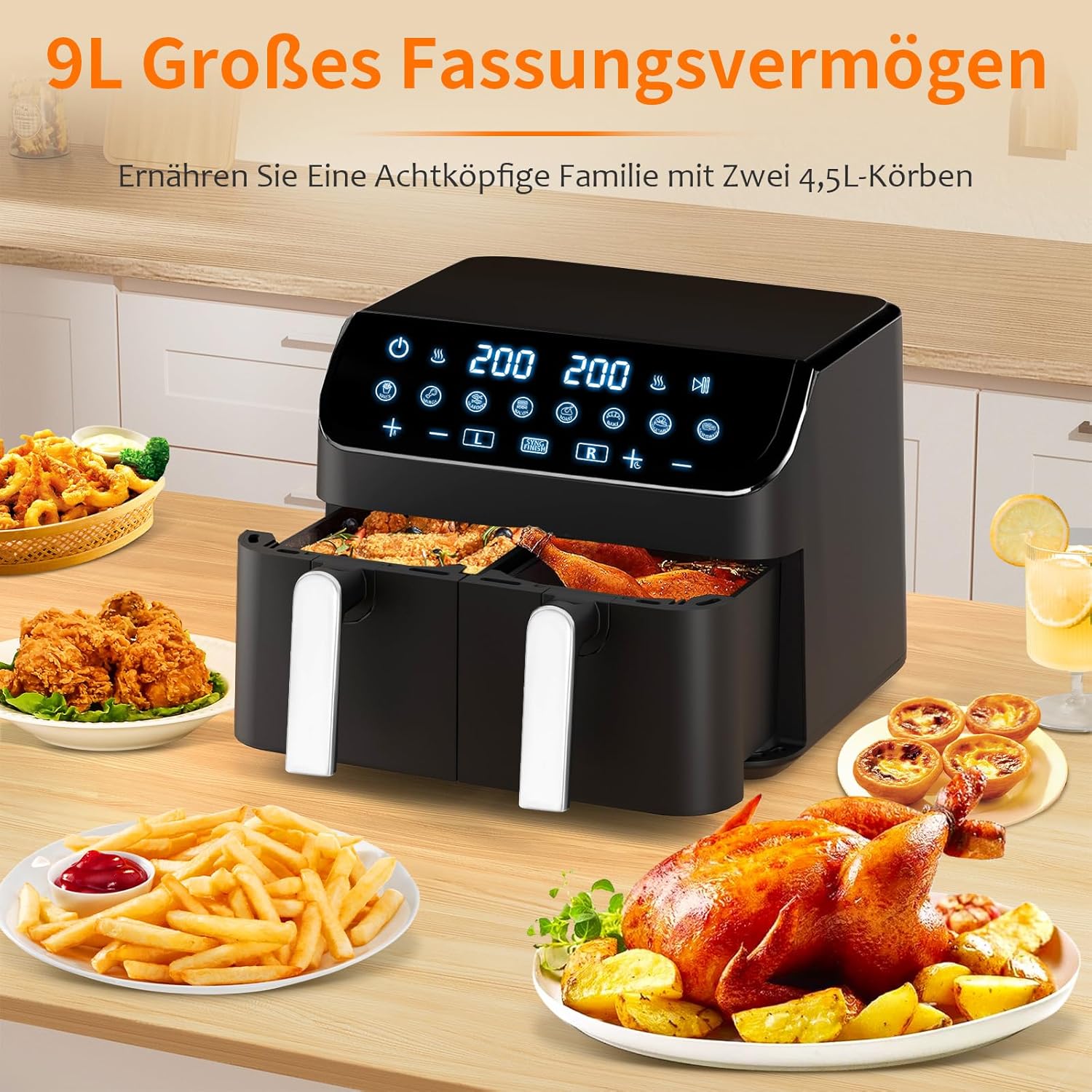 Friteu cu aer cald Yashhe Dual Zone 9L XL Capacitate dubla Air-Air cu control digital 8-in-1 Specificatii de gatit cu ecran tactil cu aer cald sanatos fara ulei si prajitura cu continut de gatit cu continut ridicat de grasimi