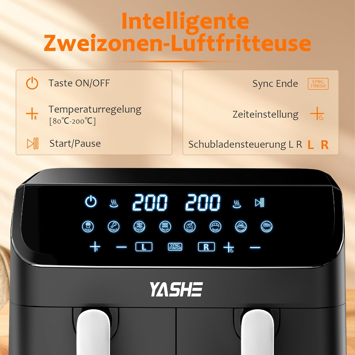 Friteu cu aer cald Yashhe Dual Zone 9L XL Capacitate dubla Air-Air cu control digital 8-in-1 Specificatii de gatit cu ecran tactil cu aer cald sanatos fara ulei si prajitura cu continut de gatit cu continut ridicat de grasimi