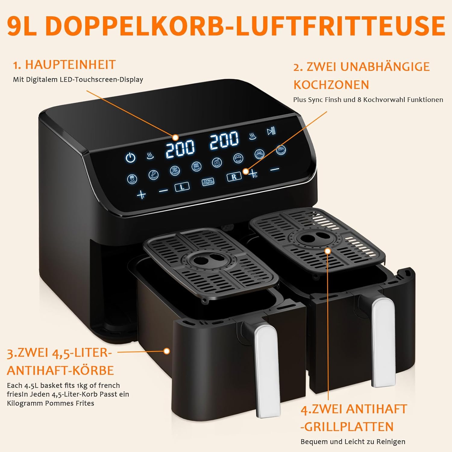 Friteu cu aer cald Yashhe Dual Zone 9L XL Capacitate dubla Air-Air cu control digital 8-in-1 Specificatii de gatit cu ecran tactil cu aer cald sanatos fara ulei si prajitura cu continut de gatit cu continut ridicat de grasimi