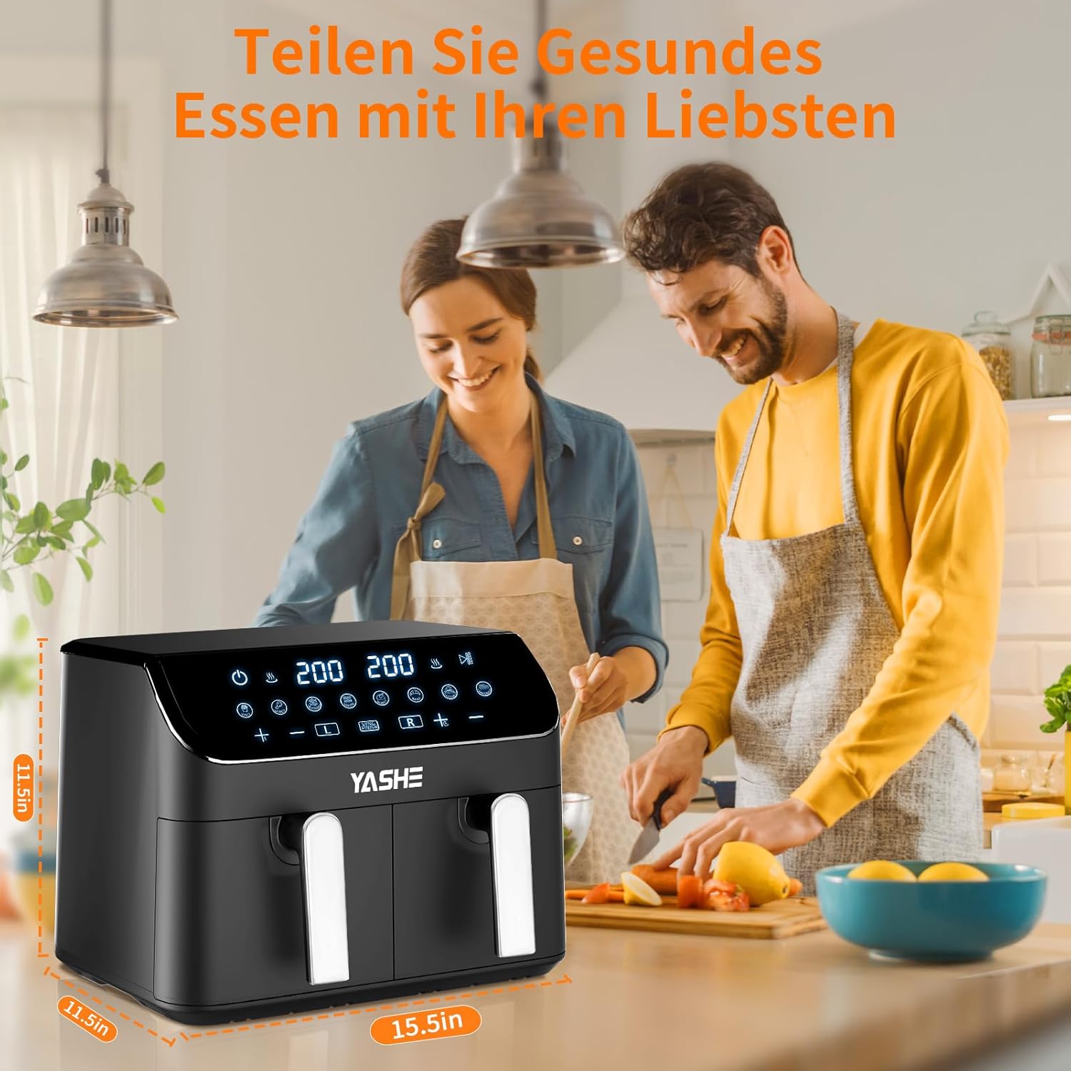 Friteu cu aer cald Yashhe Dual Zone 9L XL Capacitate dubla Air-Air cu control digital 8-in-1 Specificatii de gatit cu ecran tactil cu aer cald sanatos fara ulei si prajitura cu continut de gatit cu continut ridicat de grasimi