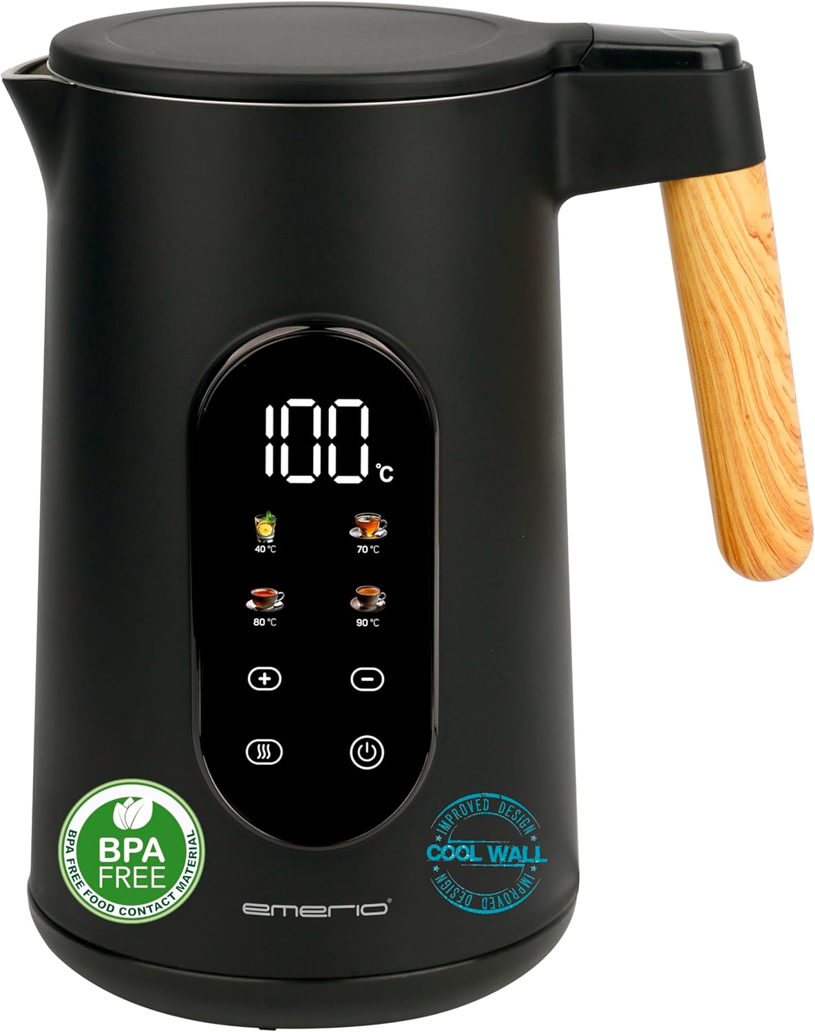 Emerio Kettle Otel inoxidabil 17L  Perete dublu izolat  Selectarea temperaturii 40-100  C in pasii de 5  C  Afisare cu tipuri de ceai preprogramate  BPA gratuit  2200 W  Auto Off  Pastrati cald  WK-132230